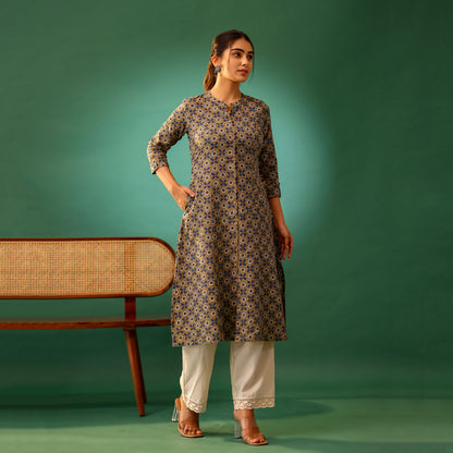 Pastel Brown Ajrakh Printed Cotton kantha kurti