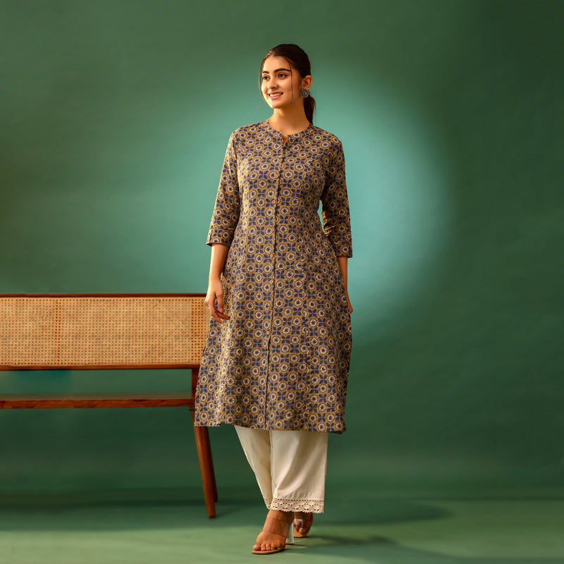 Pastel Brown Ajrakh Print Cotton katha kurti