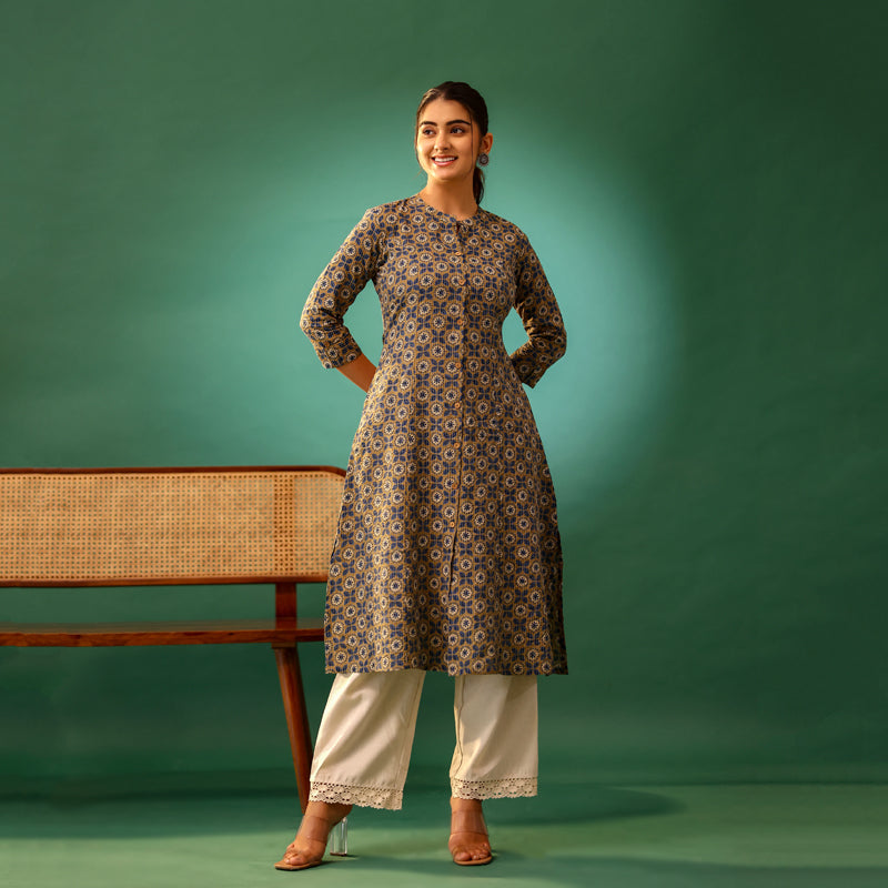 Pastel Brown Ajrakh Printed Cotton kantha kurti