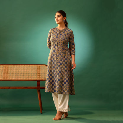 Pastel Brown Ajrakh Printed Cotton kantha kurti