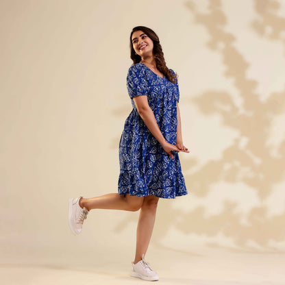 Indigo Dabu Print Alia Cut Cotton Dress