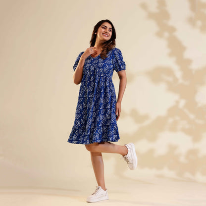 Indigo Dabu Print Alia Cut Cotton Dress