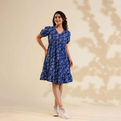 Indigo Dabu Print Alia Cut Cotton Dress