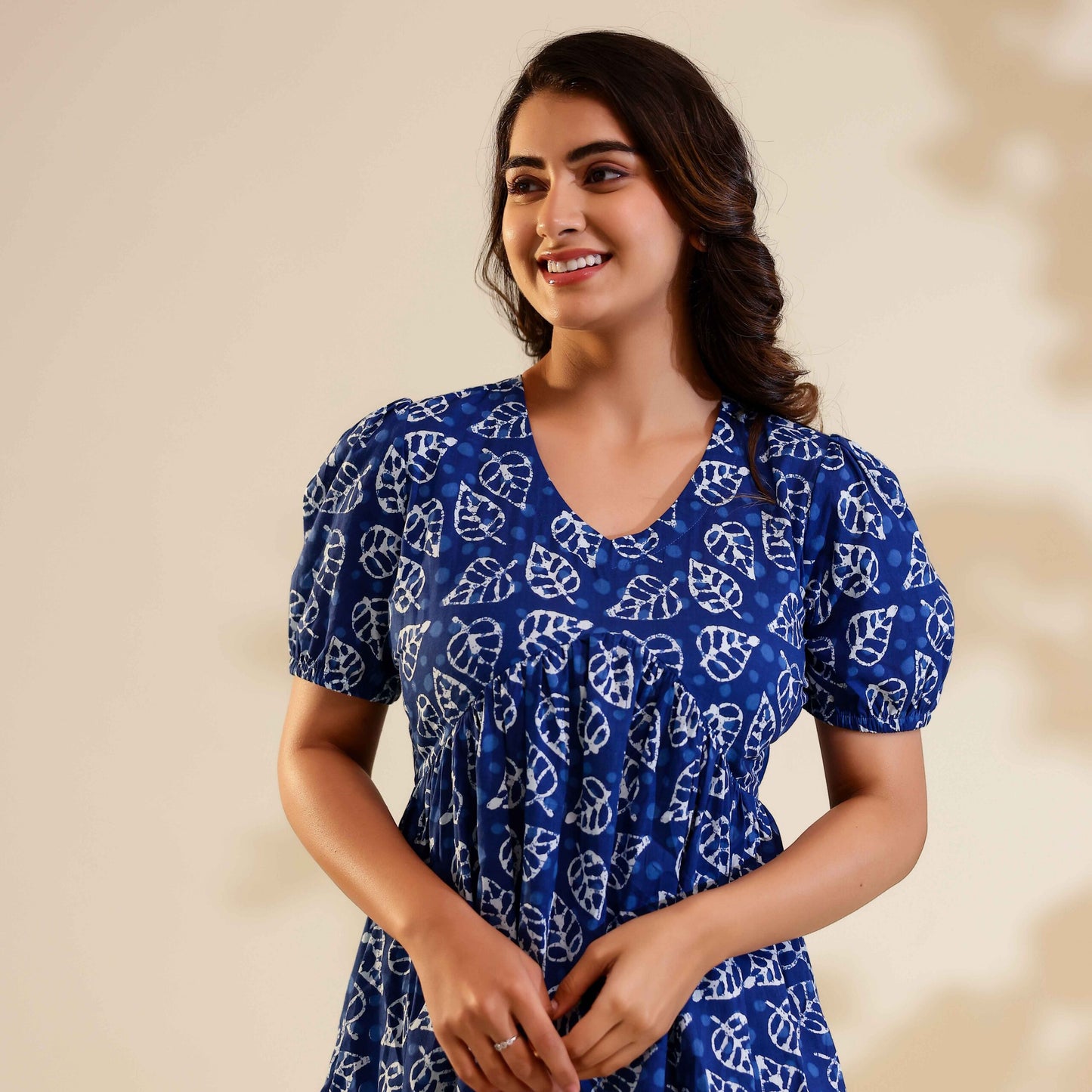 Indigo Dabu Print Alia Cut Cotton Dress