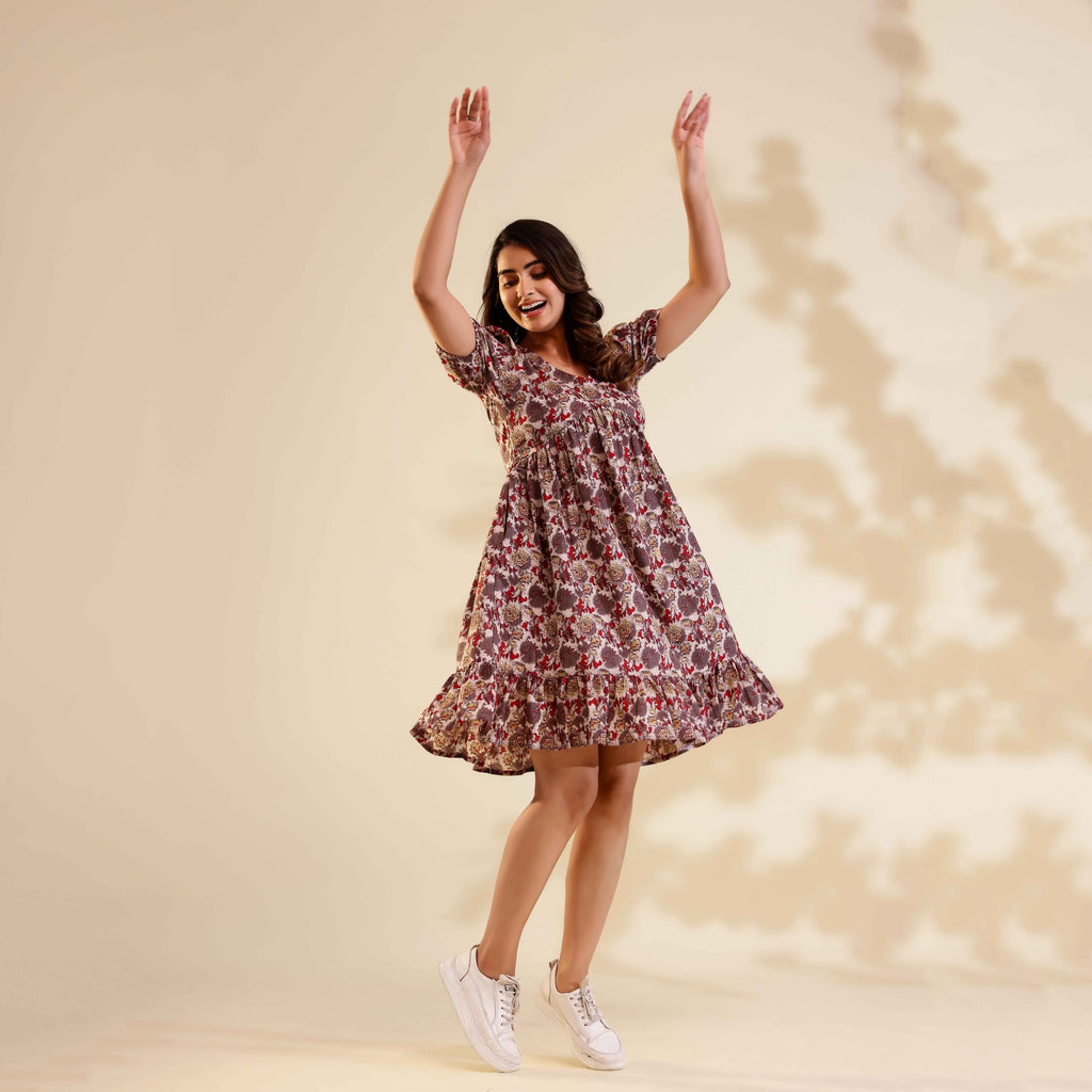 Misty Rose Floral Print Alia Cut Cotton Dress