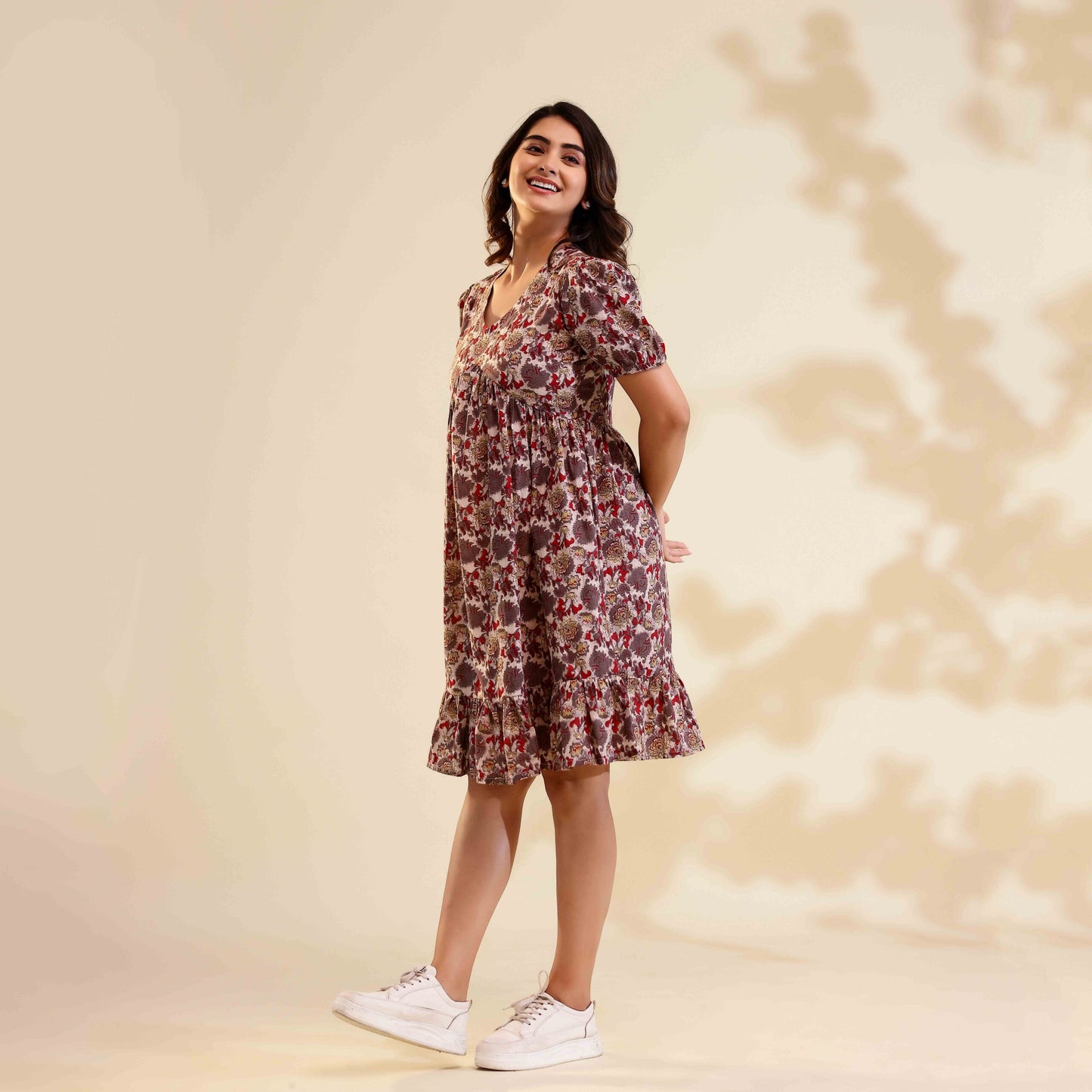 Misty Rose Floral Print Alia Cut Cotton Dress