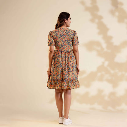 Camel Colour Floral Print Alia Cut Cotton Dress