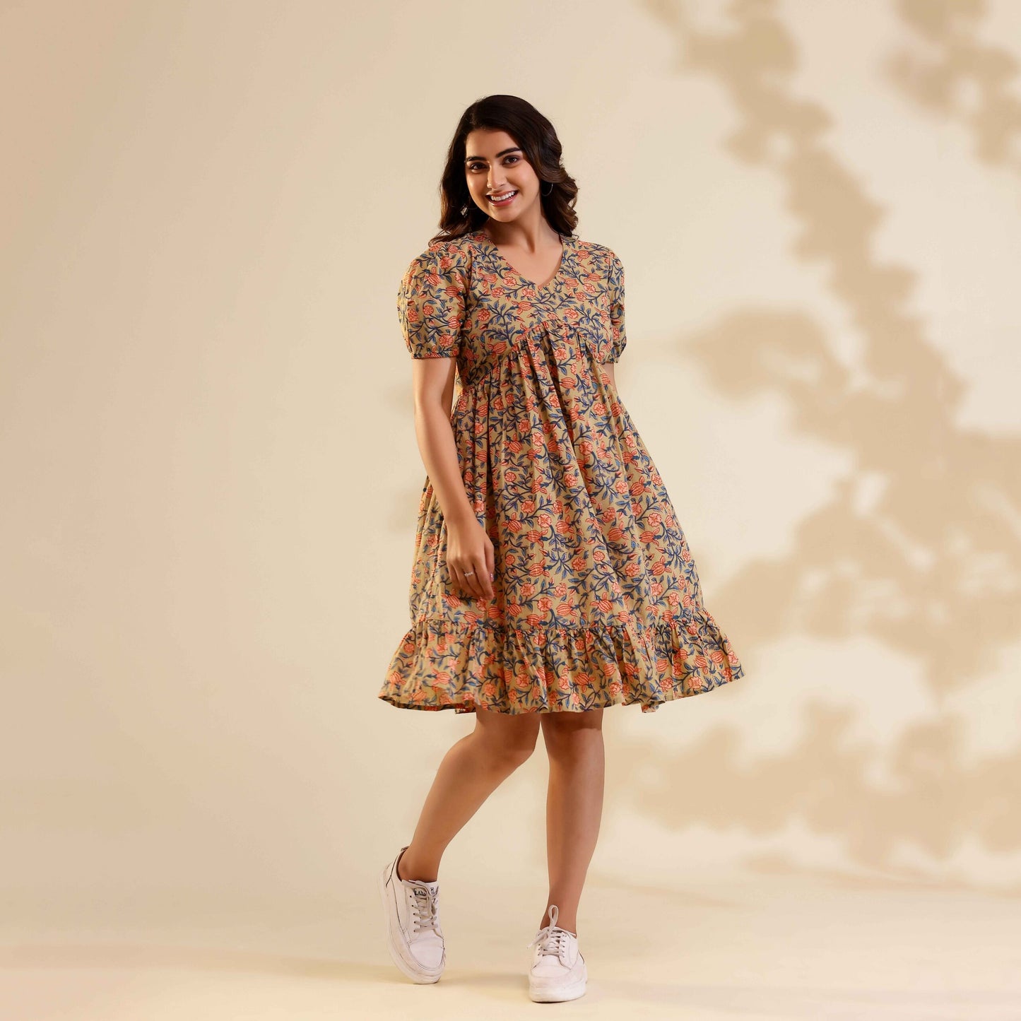 Camel Colour Floral Print Alia Cut Cotton Dress