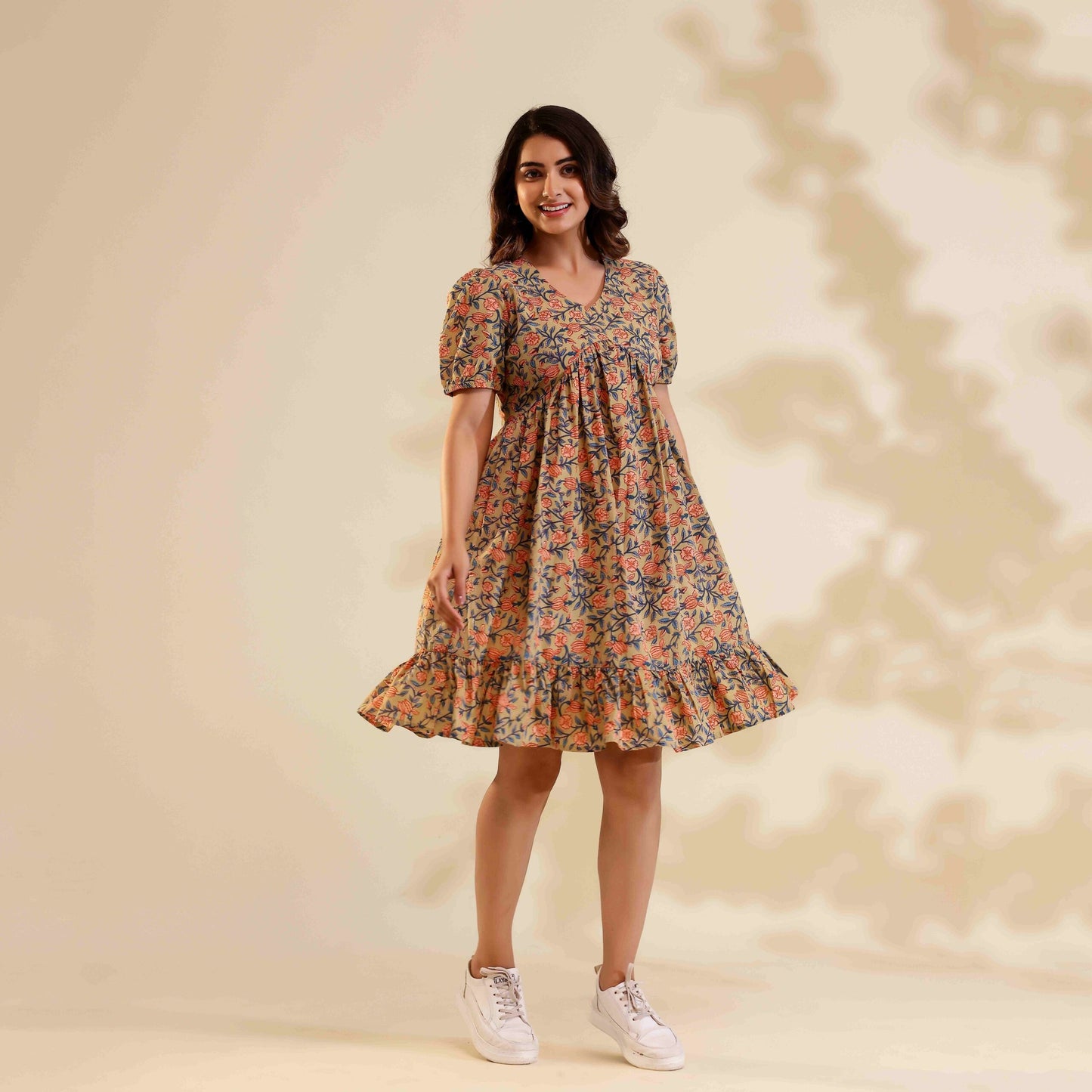 Camel Colour Floral Print Alia Cut Cotton Dress