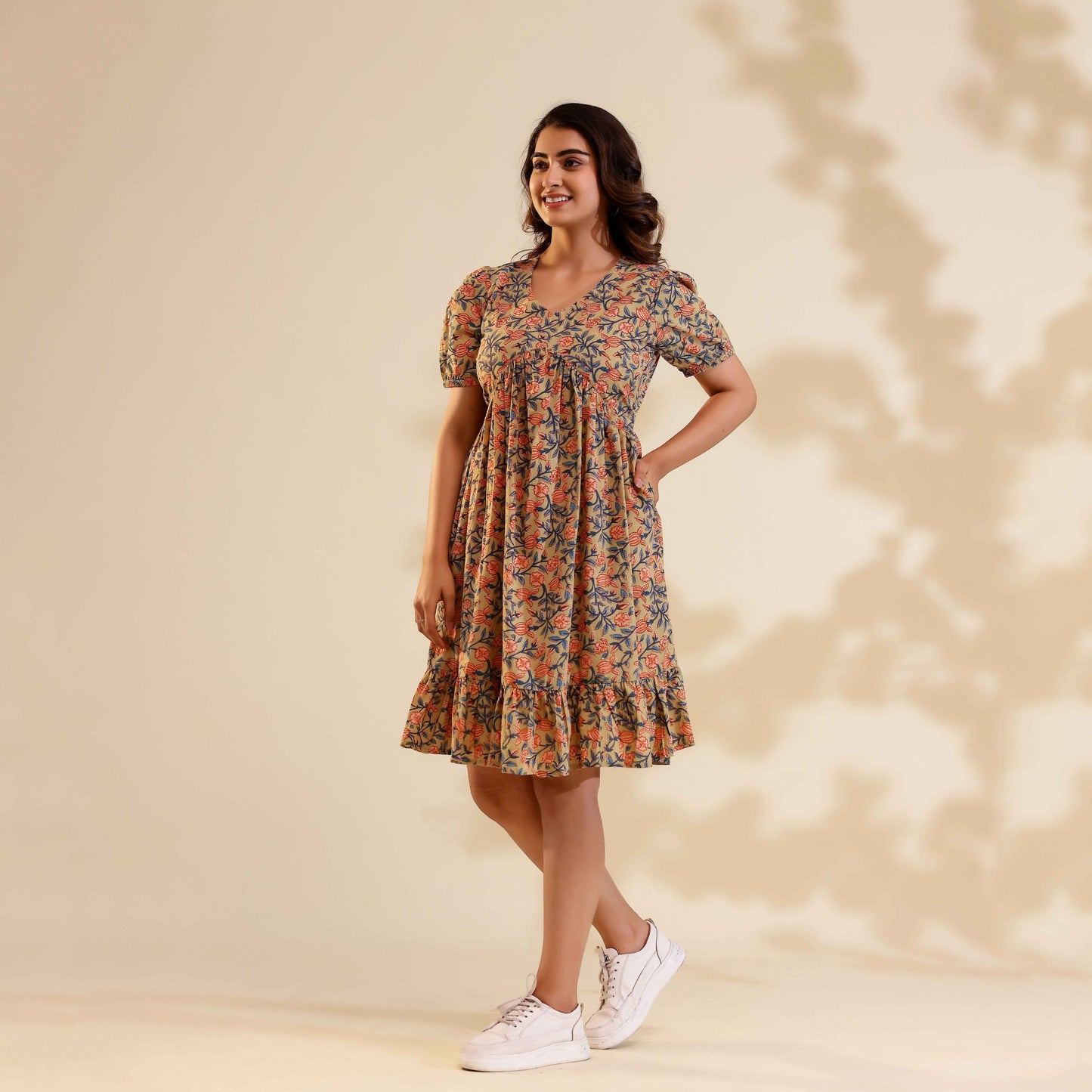 Camel Colour Floral Print Alia Cut Cotton Dress