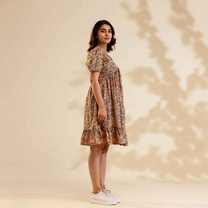 Camel Colour Floral Print Alia Cut Cotton Dress