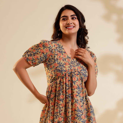 Camel Colour Floral Print Alia Cut Cotton Dress