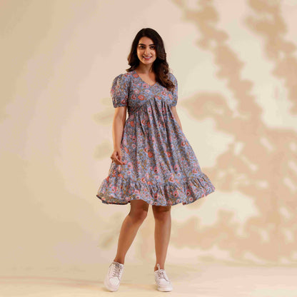 Pastel Grey Floral Print Alia Cut Cotton Dress