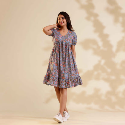 Pastel Grey Floral Print Alia Cut Cotton Dress