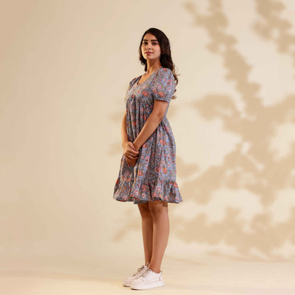 Pastel Grey Floral Print Alia Cut Cotton Dress