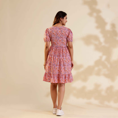 Baby Pink Floral Print Alia Cut Cotton Dress