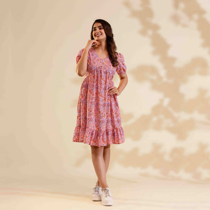 Baby Pink Floral Print Alia Cut Cotton Dress