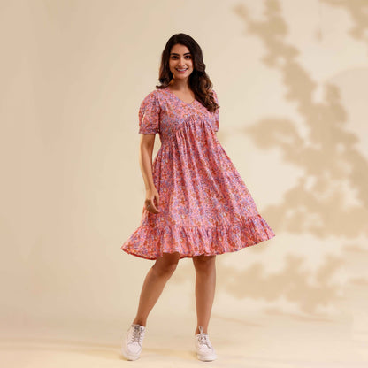 Baby Pink Floral Print Alia Cut Cotton Dress