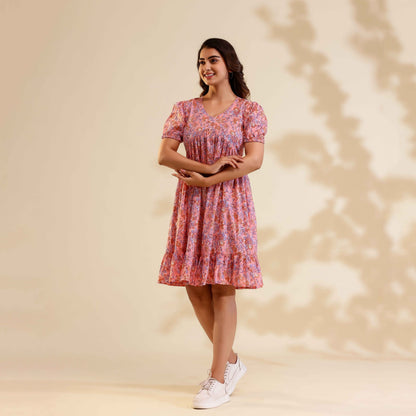 Baby Pink Floral Print Alia Cut Cotton Dress