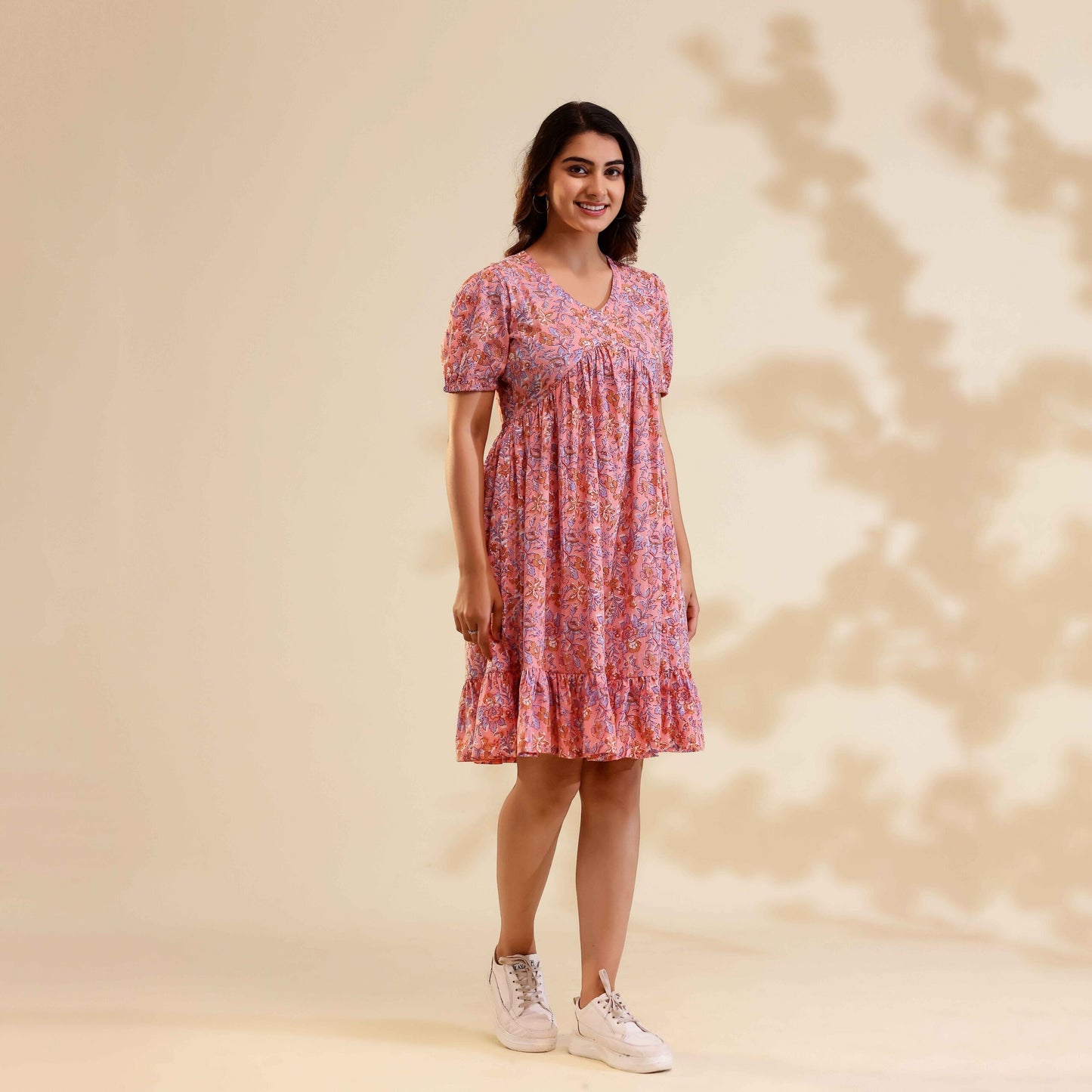 Baby Pink Floral Print Alia Cut Cotton Dress