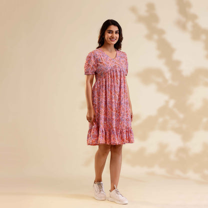 Baby Pink Floral Print Alia Cut Cotton Dress