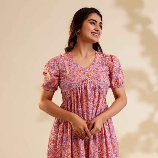 Baby Pink Floral Print Alia Cut Cotton Dress