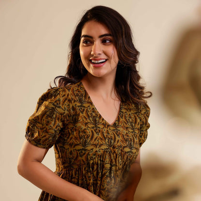 Mustard Yellow Ajrakh Print Alia Cut Cotton Dress