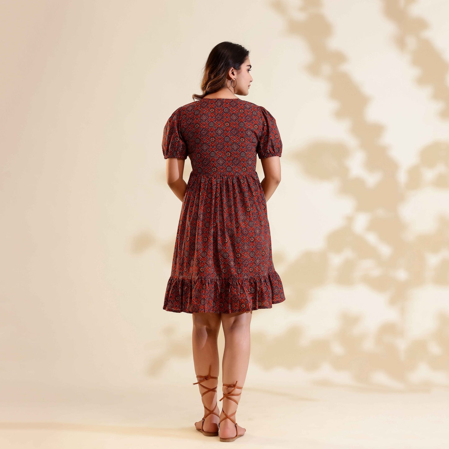 Brick Red Ajrakh Print Alia Cut Cotton Dress