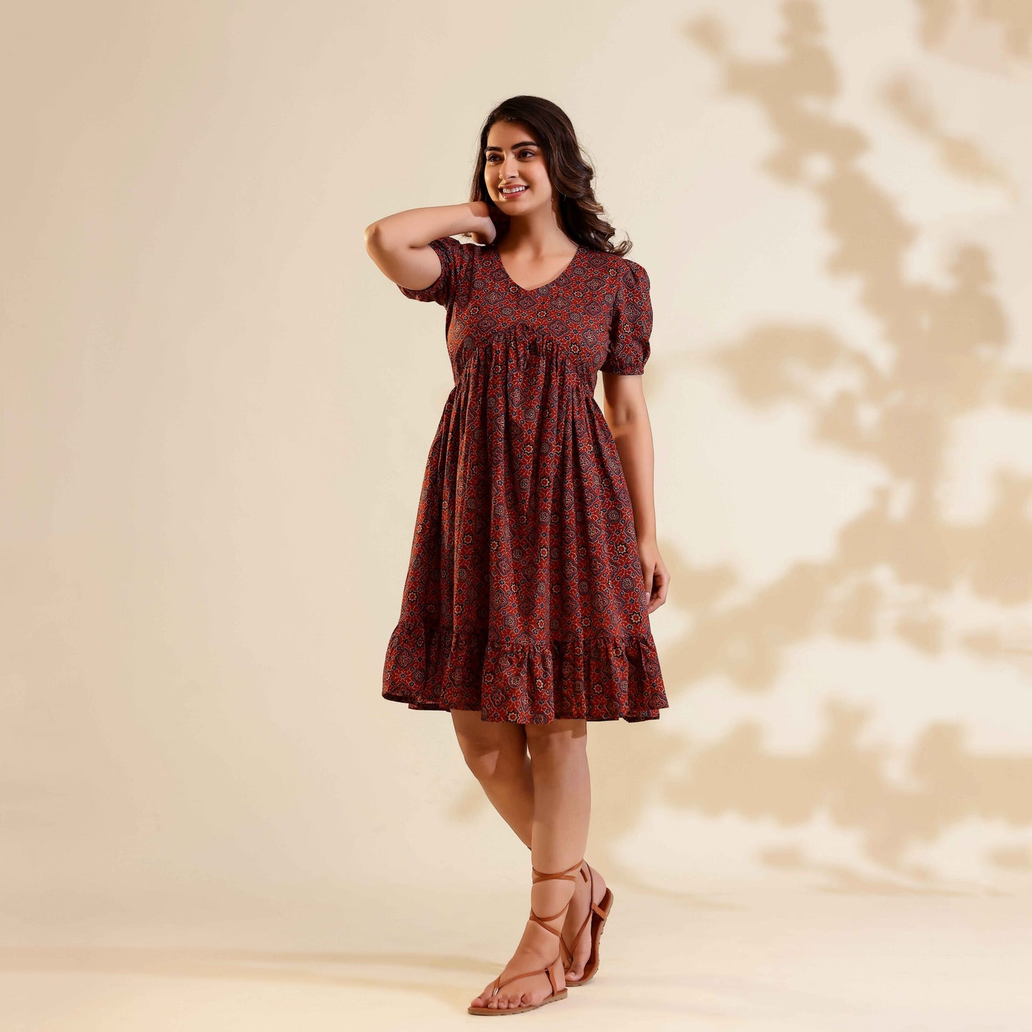 Brick Red Ajrakh Print Alia Cut Cotton Dress