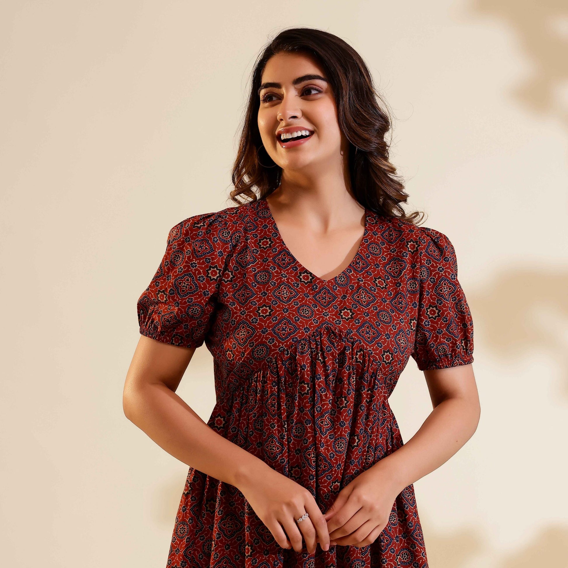 Brick Red Ajrakh Print Alia Cut Cotton Dress – Vivika Fashion