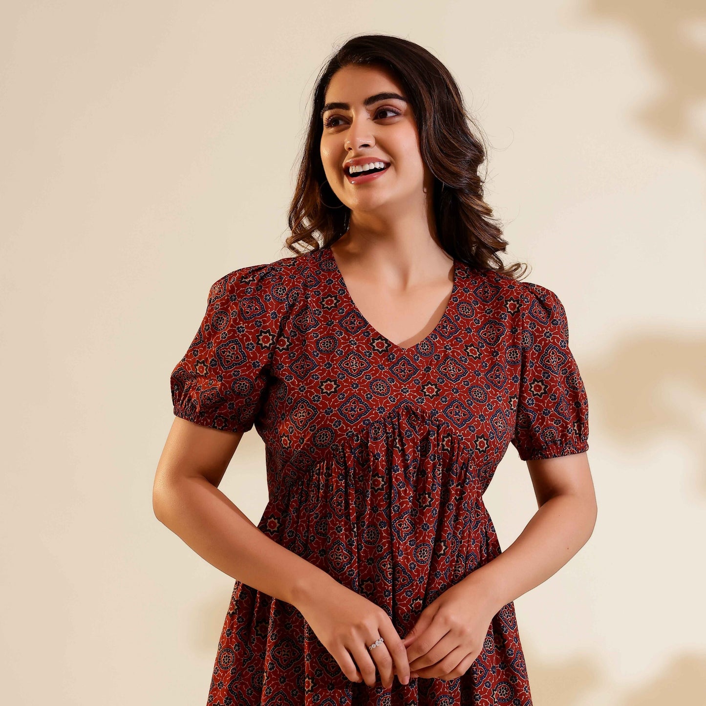 Brick Red Ajrakh Print Alia Cut Cotton Dress