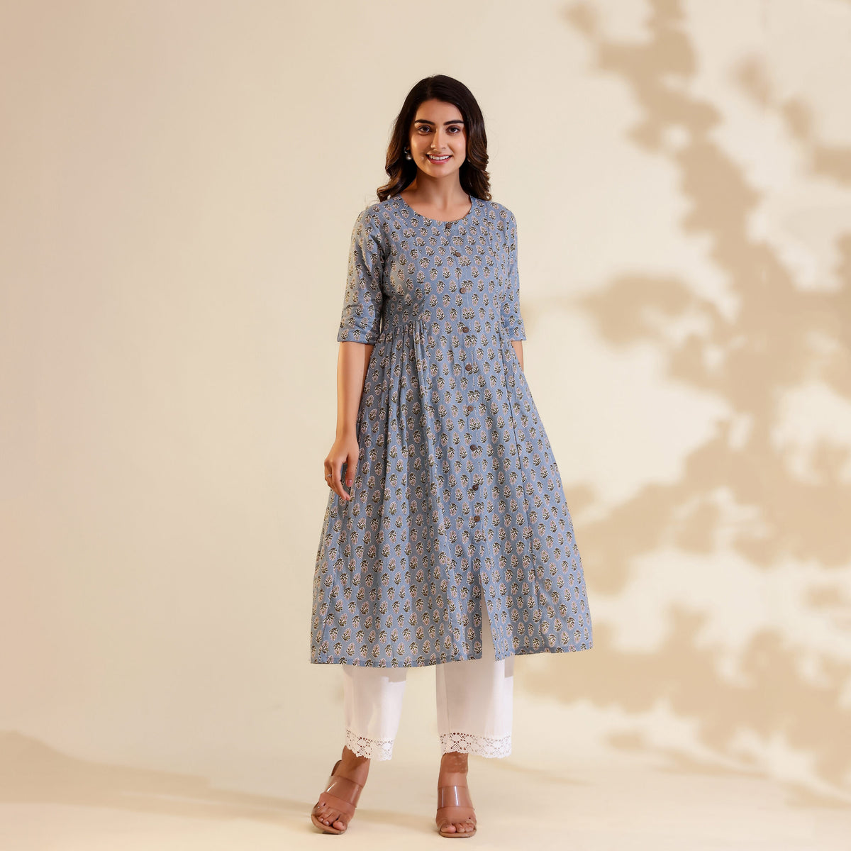 Dusty Blue Floral Print Cotton Kurti