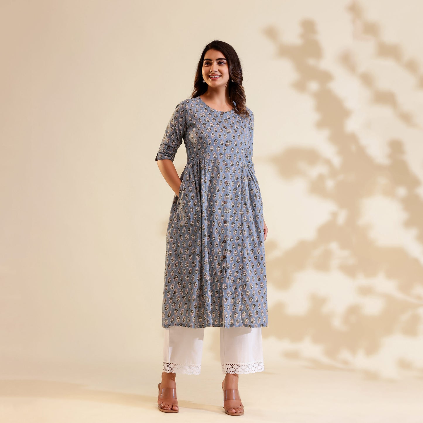 Pastel Grey Motif Printed Cotton kurti