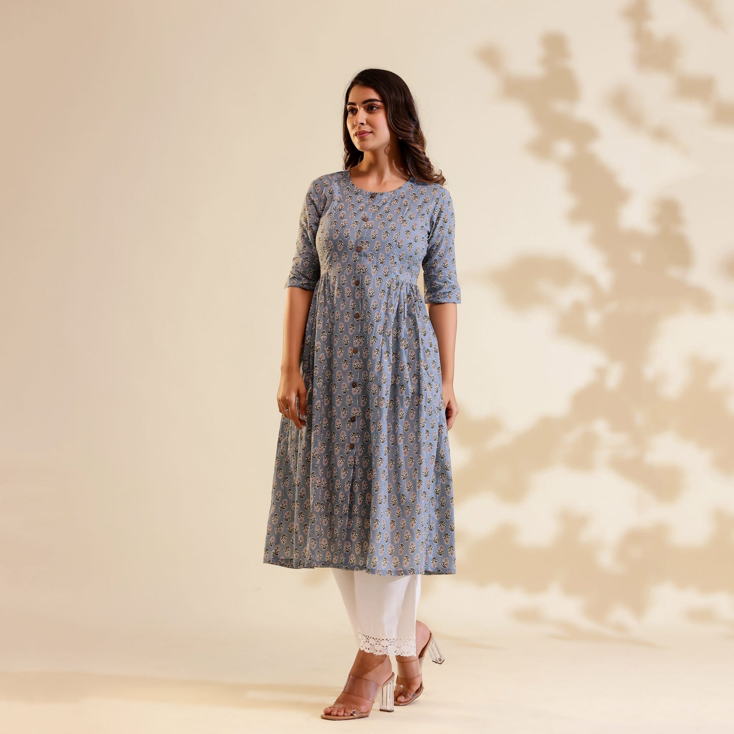 Pastel Grey Motif Printed Cotton kurti