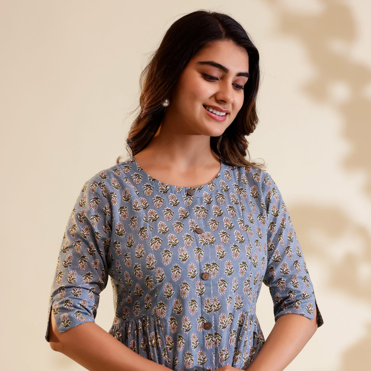 Dusty Blue Floral Print Cotton Kurti