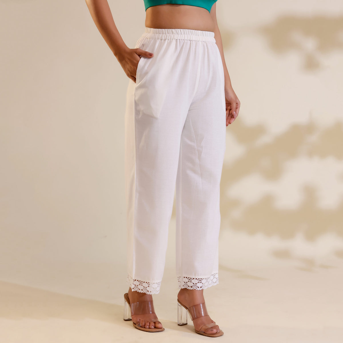 Cream Lace Palazzo Pants for Women