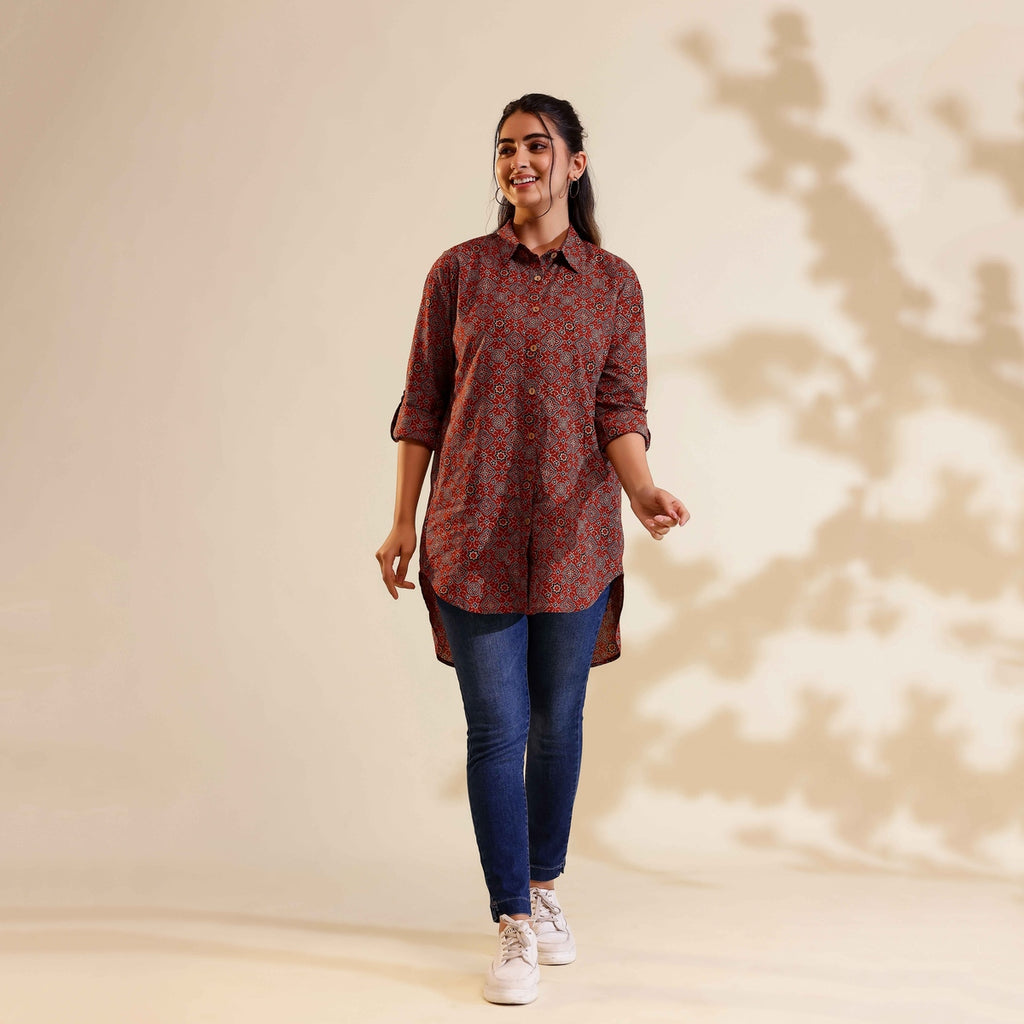 Red Ajrakh Print Cotton Shirt