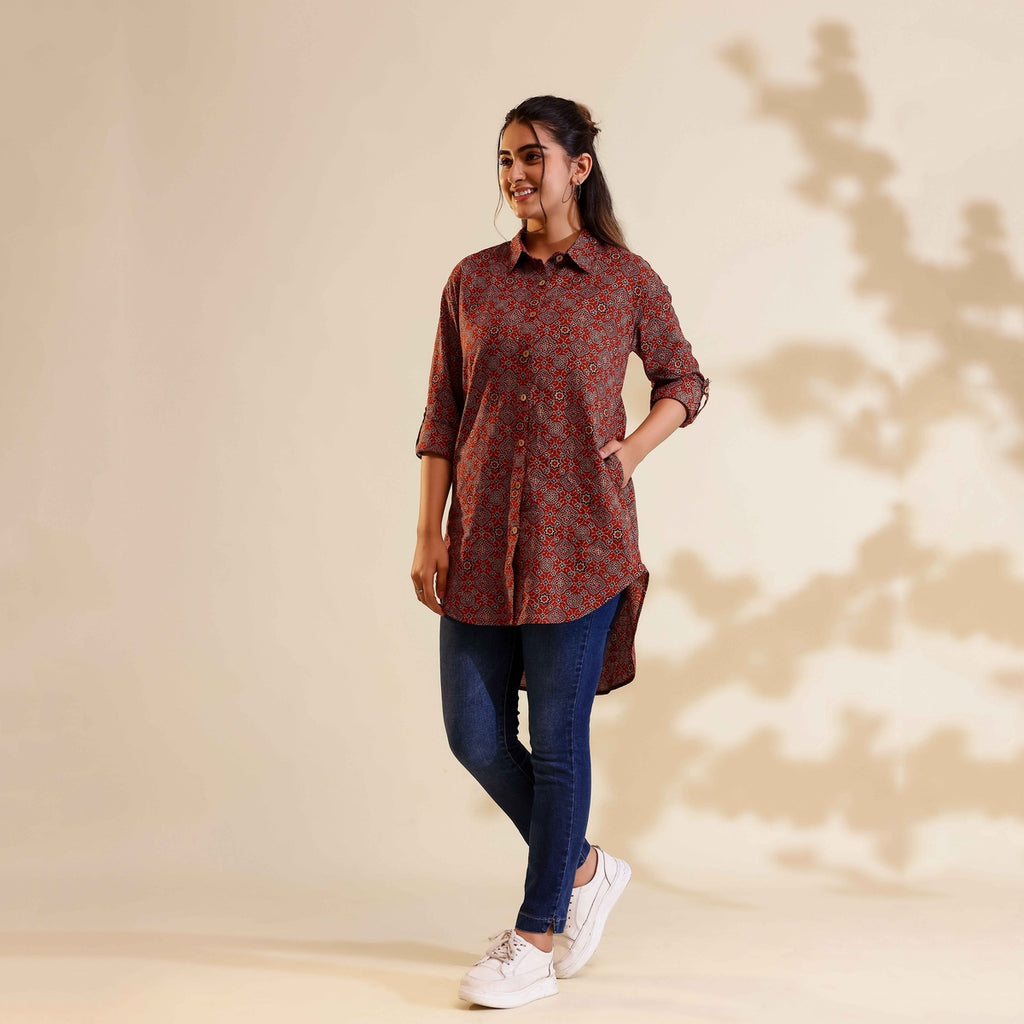 Red Ajrakh Print Cotton Shirt