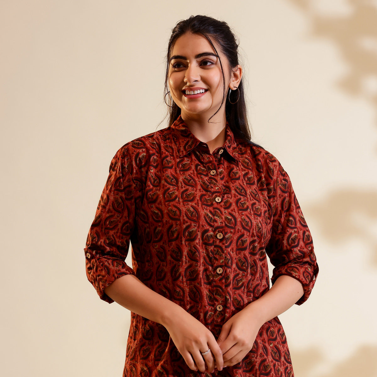 Red & Black Ajrakh Print Cotton Shirt