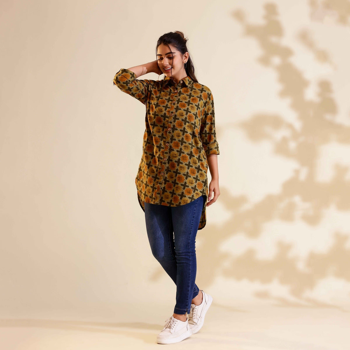 Mustard yellow Ajrakh Print Cotton shirt