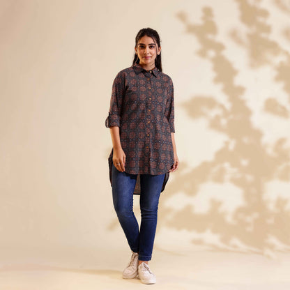 Navy Blue and Maroon Ajrakh Print Cotton Shirt