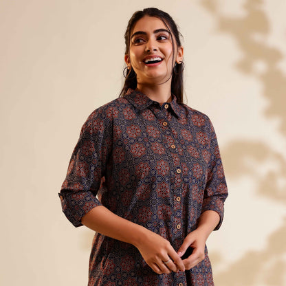 Navy Blue and Maroon Ajrakh Print Cotton Shirt