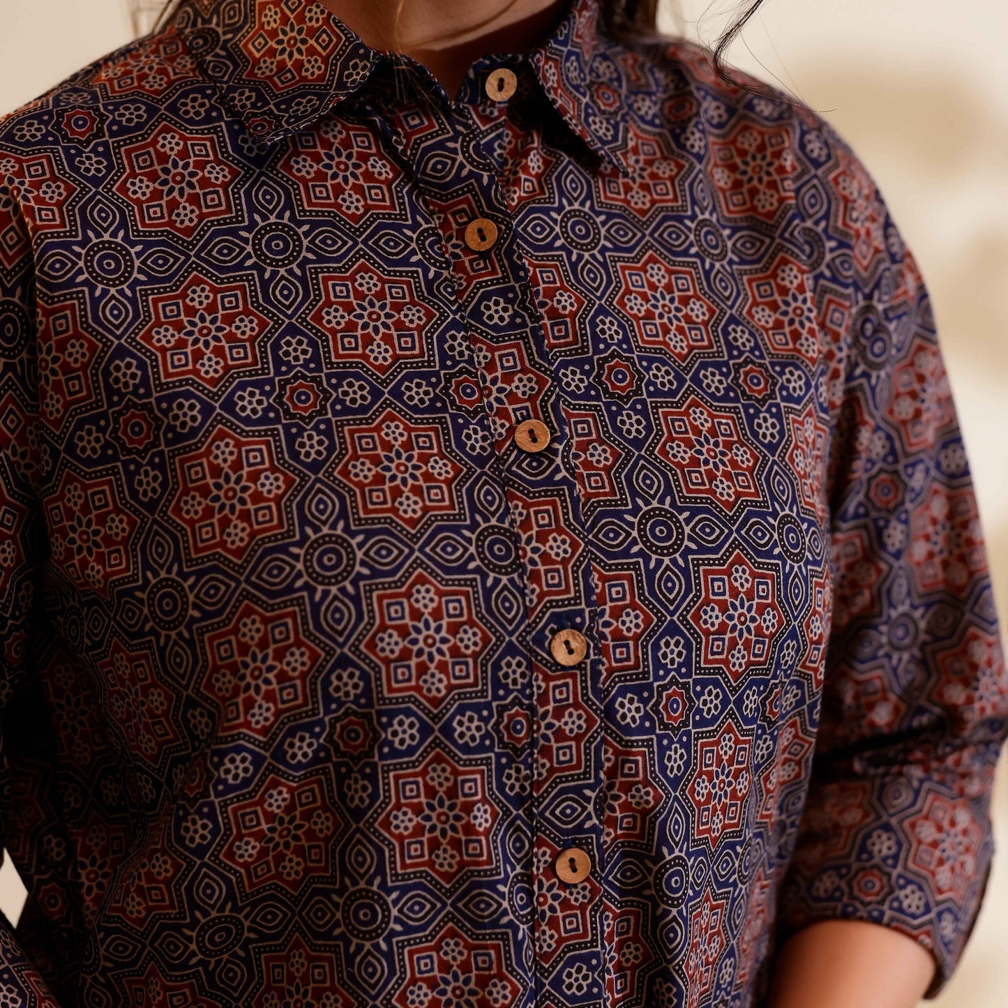 Navy Blue and Maroon Ajrakh Print Cotton Shirt