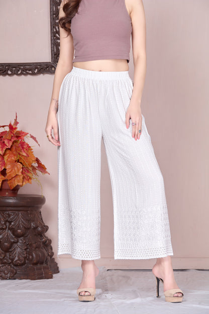 Flared White Chikan (Embroidered) Palazzo Pant