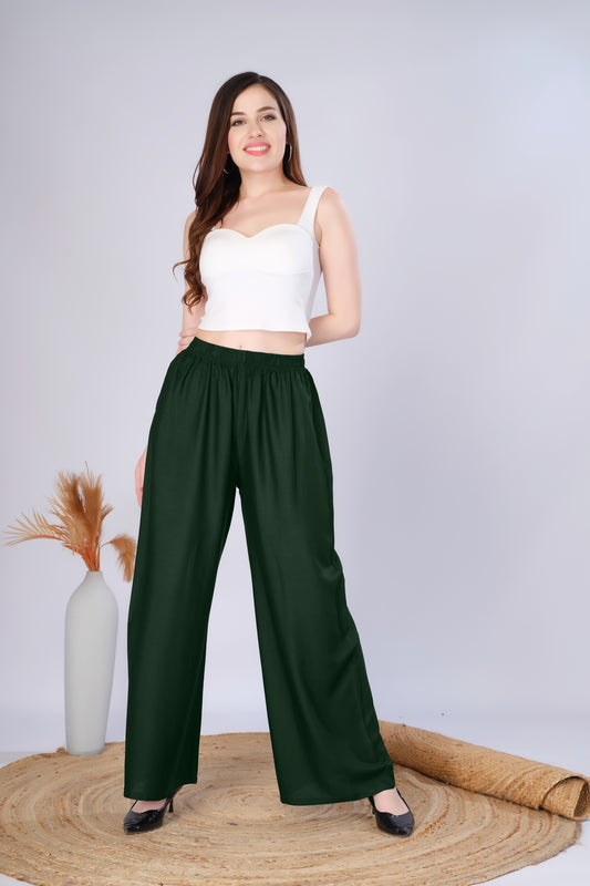 Flared Bottle Green Palazzo Pants With Pocket