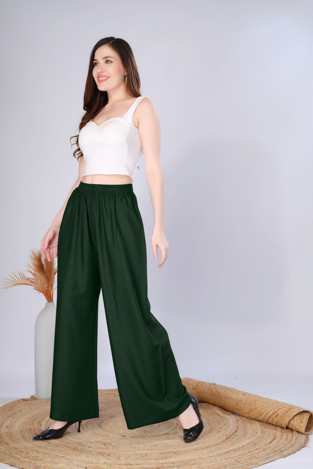 Flared Bottle Green Palazzo Pants With Pocket