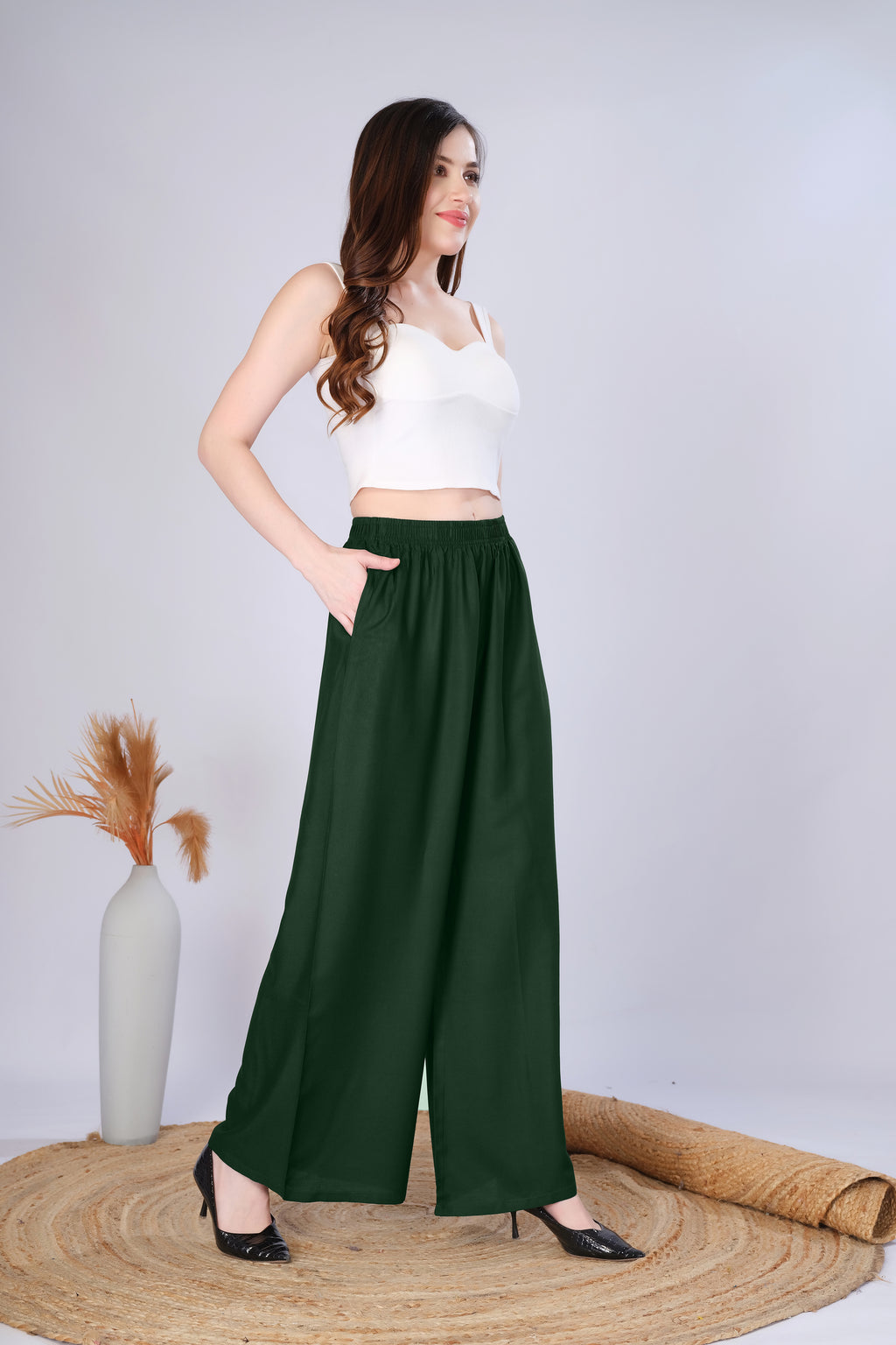 Flared Bottle Green Palazzo Pants With Pocket