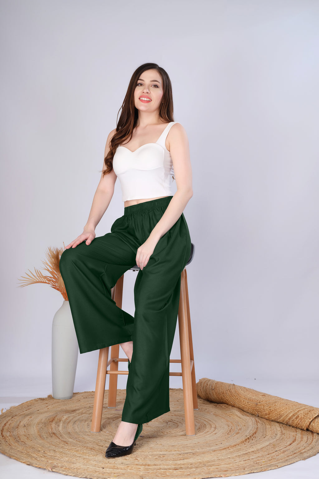 Flared Bottle Green Palazzo Pants With Pocket