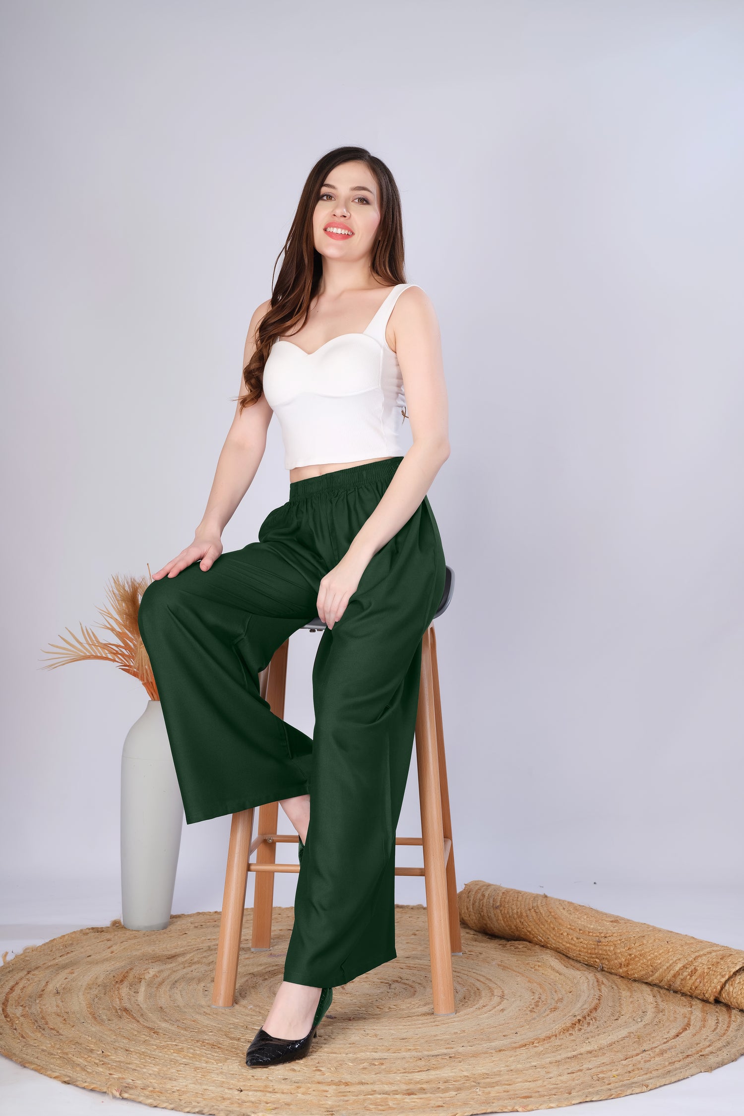 Flared Bottle Green Palazzo Pants With Pocket
