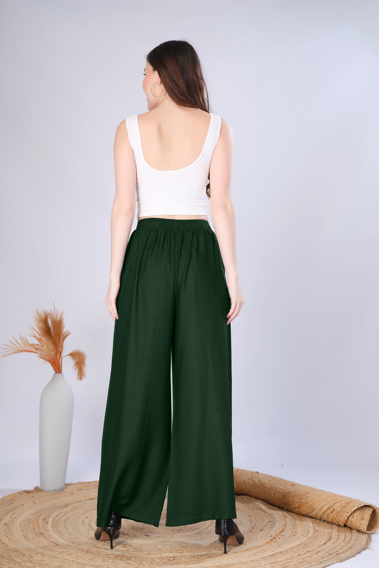 Flared Bottle Green Palazzo Pants With Pocket